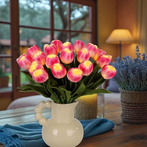 HOMESEASONS 20 Stems LED Lighted Artificial Flowers Tulip Lamp Real Touch Tulips Faux Flower Lights for Valentine's Day and Easter Home Kitchen Wedding Dining Table Decor(Hot Pink) - color: Hot Pink