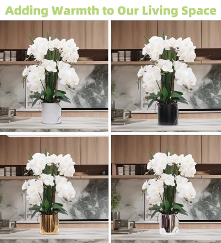 CXGS Artificial Orchid Flower Plants Real Touch Faux Orchids in Ceramic Vase 20.9'' White Phalaenopsis Orchid Fake Flower Arrangement Home Indoor Decor - color: White- Silver (12cm)