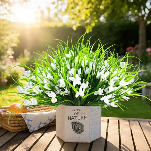 16 Bundles Artificial Plants Flowers for Outdoor Fake Monkey Grass with Flowers for Outside Planter Realistic UV Resistant Faux Plant for Garden Patio Pathway Front Porch(16, White) - color: White