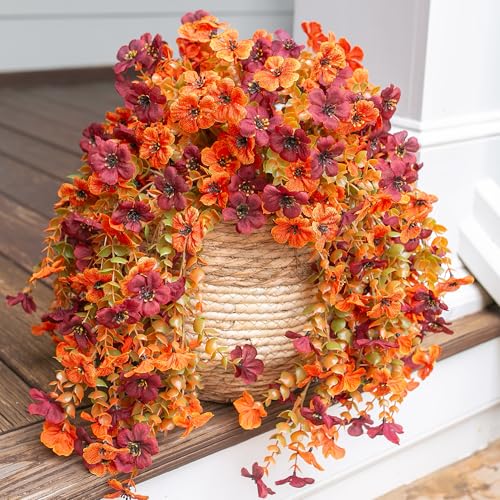 INSPRING Fake Autumn Flowers for Outdoors, 2Pcs Artificial Fall Light Orange & Brown Daisy Outside Decor, Fake Hanging Decoration, Realistic Plants, Silk Flower for Porch Patio Balcony Planter - color: Fall Orangebrown