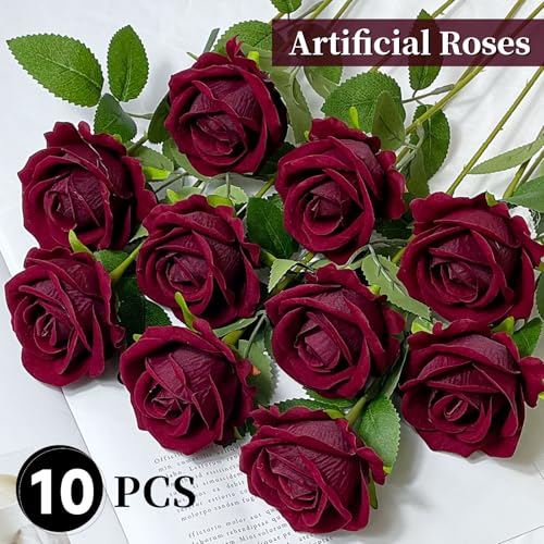 10 PCS Artificial Roses with Long Stems Silk Flowers Realistic Foam Flowers Fake Roses for Valentine's Day Home Wedding Halloween Decor(Wine Red) - color: Wine Red