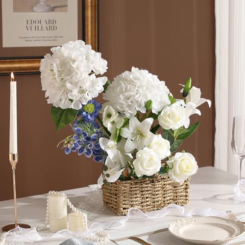 Nubry 2Pcs White Hydrangea Artificial Flowers, 22.5In Latex Faux Real Touch Large Hydrangea Flowers with Long Stems & Leaves for Home Office Decor Wedding Party Arrangements(White) - color: White, size: 2 Pcs