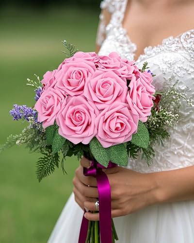 DuHouse 50Pcs Artificial Roses Flowers Fake Roses with Stems Real Touch Foam Flowers for DIY Wedding Bouquet Party Centerpiece Floral Arrangement Party Home Decor(Pink) - color: Pink, size: 50pcs