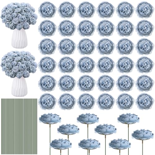 Thiccywoov 200 Pcs Flowers Long Stem Artificial Rose Bulk, 3.2 Inches Silk Rose Head Flowers Faux for Wedding Bridal Bouquet Independence Day Home Floral DIY Centerpieces Party Decoration(Dusty Blue) - color: Dusty Blue