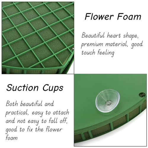 Goaste 4 Pack Heart-Shaped Floral Foams, Large Green Florist Foam with Suction Cup Tray, Wet Flower Mud Blocks, Green Florist Sponge Bricks for Wedding Car Decoration, DIY Flower Arrangement