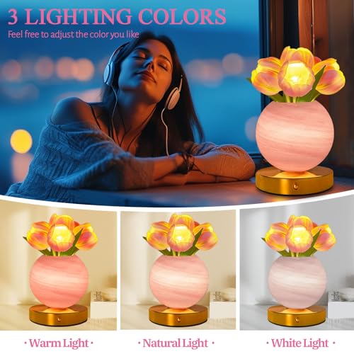 Tulip Table Lamp, Rechargeable Cordless Touch Dimming Artificial Tulip Flower Desk Lamp, LED Flower Bedside Night Light Romantic Gifts for Girl Women Mom (Pink Tulip) - color: Pink Tulip