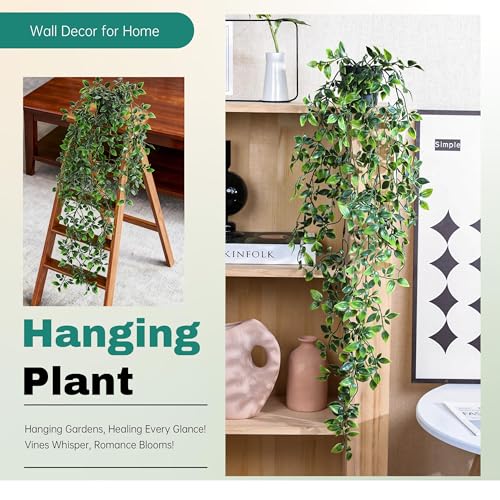 Der Rose 34'' Fake Hanging Plant Black Pot for Bathroom Wall Decor | 34'' cascading greenery with black pot for bathroom, shelf, office and wall decor; no watering needed
