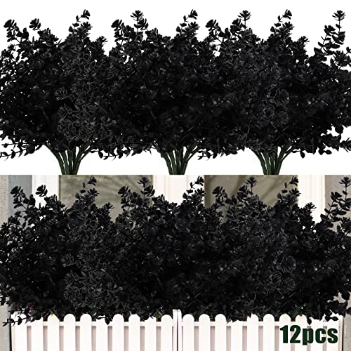 RECUTMS Black Artificial Flowers, 12 Pcs Fake Outdoor UV Resistant Plants Faux Plastic Greenery Shrubs Indoor Outside Hanging Planter Flower Decoration, Garden Decor (Black) - color: Black, size: 12 Pcs