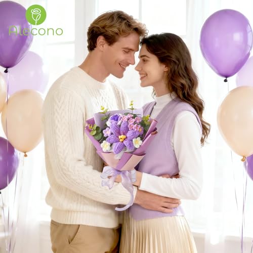 Alecono Crochet Flower Bouquet, Purple Knitted Flowers, Handmade Bouquet of Flowers for Lover Anniversary Birthday Party Mother's Day Graduation Teacher's Day Gifts (Include Card) - color: Purple B