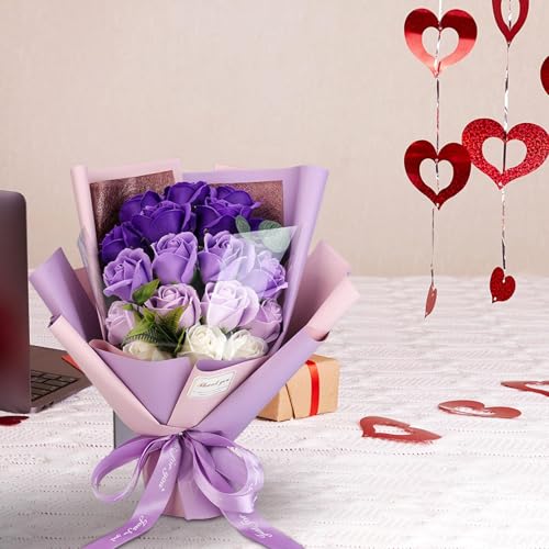 Roses Bouquet Artificial Flower - Preserved Red Rose Flowers with Love Necklace for Her Unique Gift for Birthday, Valentine's Day, Mother's Day, Thanksgiving, Christmas, Anniversary (Purple and White) - color: Purple and White