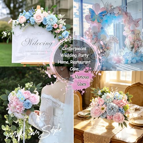 Baby Blue Pink Artificial Flowers Combo Box Set Bulks Pastel Pink Rainbow Silk Roses Individually Stems Crystal DIY Faux Bridal Wedding Bouquets Cake Decor Arrangements Baby Shower Bloom Flowers - color: Baby Blue, Pastel Pink