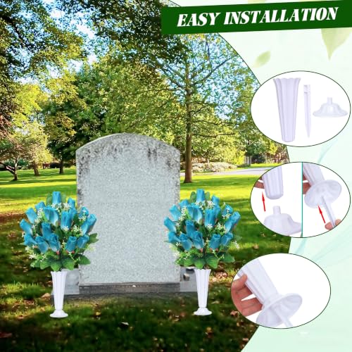 Cemetery Flowers for Grave,2Pack Memorial Roses Bouquets with Vase for Grave Tombstone Decorations(Deep Blue) - color: Deep Blue