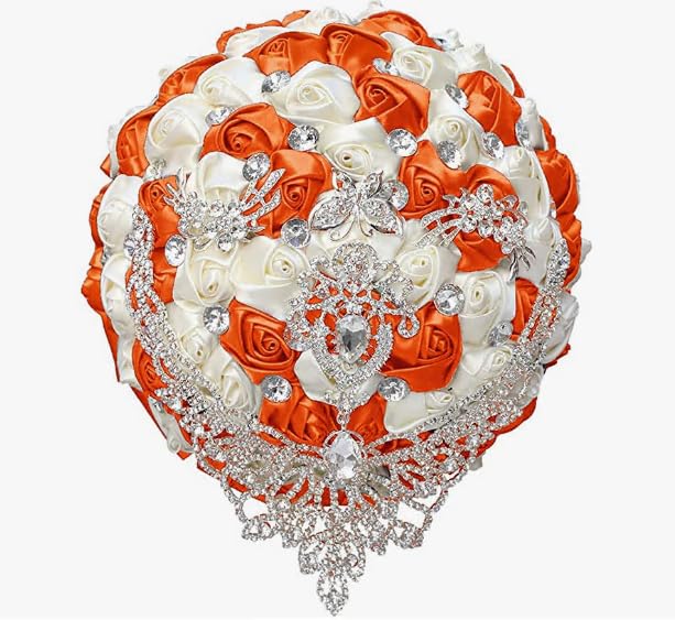 Handmade Luxury Wedding Bridal Bouquet Large Silk Rose Holding Toss Artificial Flowers Bouquets with Satin Ribbon Pearls Rhinestone for Bride Vintage Royal Wedding Bouquet (Orange+Ivory) - color: Orange+ivory