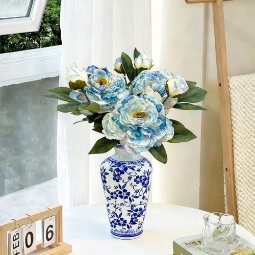 4 PCS Premium White Peonies Artificial Flowers,19.2’’Fake Faux Silk Peonies for Centerpieces Wedding Home Decor (4, Blue) - color: Blue