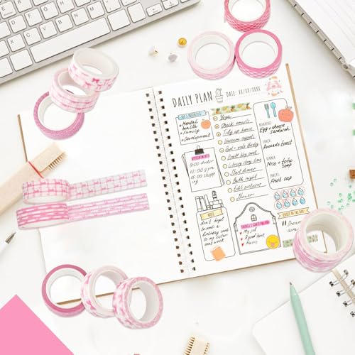12 Rolls Pink Bow Washi Tape, Bowknot Plaid Adhesive Masking Tapes Decorative Pink Coquette Paper Tape for Scrapbook Journal Planners DIY Art Crafts Gift Wrapping 16.4FT - color: R
