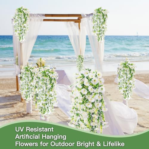 Artificial Flowers for Outdoors Fake Morning Glory Hanging Flower Decoration, 4 Pcs Realistic Faux Plants Petunias Trailing Vines, Spring Summer Decor for Porch Patio Balcony Planter Yard(White) - color: White, size: 4 Pcs