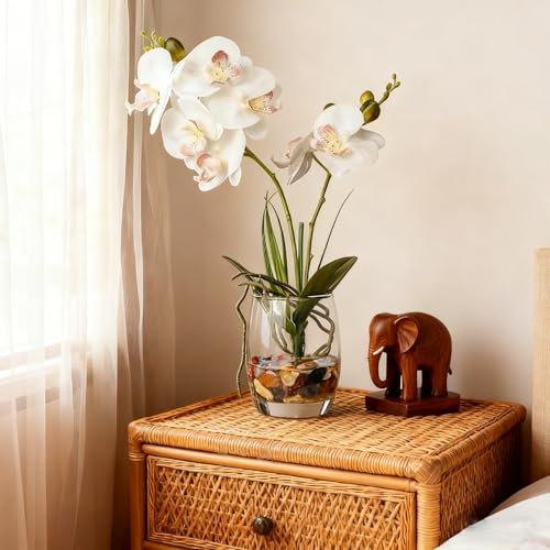Jusdreen White Orchid Centerpiece in Glass Vase, 14.5 Inch Artificial Phalaenopsis with Potting for Home Office Decor, Table Centerpiece - color: Glass-white