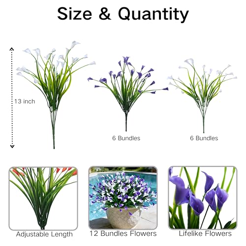 INXUGAO 12 Bundles Calla Lily Artificial Flowers for Outdoors, UV Resistant Faux Plastic Flowers for Home Porch Yards, Fake Plants for Spring Summer Cemetery Decor (Purple White) - color: Purple White, size: 12 Pcs