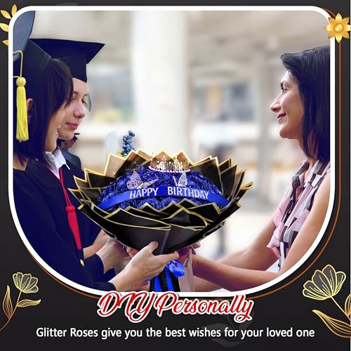Maysing Money Bouquet Kit 12 Pcs Glitter Roses 20 Sheet Flower Wrapping Paper DIY Flower Bouquet Floral Foam Blocks Sticker for Anniversary Birthday Mother's Day Graduation(Blue) - color: Blue