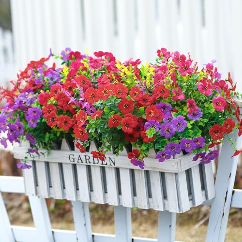SHareconn 48 Bundles Artificial Flowers for Outdoors Decoration, Faux Plants Fake Silk Colorful Daisy Eucalyptus Lavender, UV Resistant for Outside Home Porch Patio Indoor Spring Decor, Mix 3 Colors - color: Mix 3 Colors