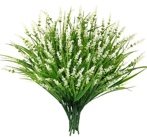 24 Bundles Artificial Plants Flowers Outdoor, Faux Lavender Flowers Fake Monkey Grass UV Resistant Plastic Plant for Porch Garden Patio Window Home Decor, White - color: White