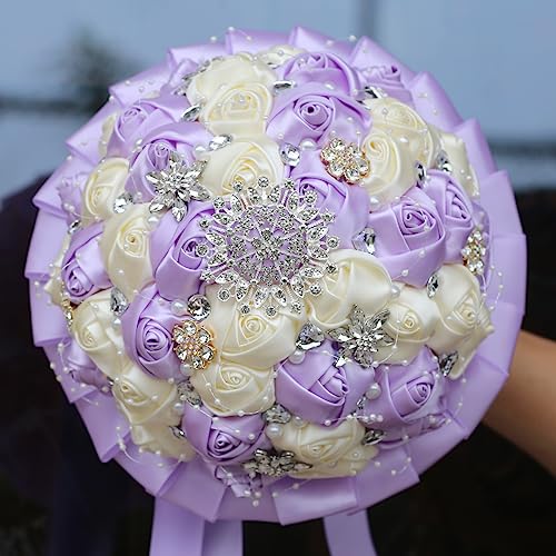 Wedding Bouquets for Bride Handmade Bridesmaid Brooch Bouquet Artificial Rhinestone Satin Rose Flower Tossing Bouquet for Wedding Ceremony Anniversary(Ivory/Light Purple,21cm, 1PC) - color: Ivory/Light Purple(duandaizi), size: 8.3 inches