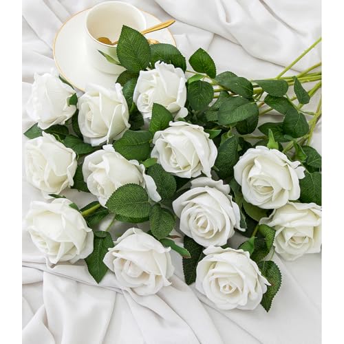 Hawesome 12PCS Artificial Flowers Fake Roses, Realistic Velvet Long Stem Red Roses Bouquet for Wedding Centerpiece Home Decor Party & Valentines (White) - color: White