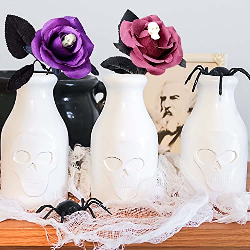 6 PCS Halloween Artificial Rose Flower with Skull,16 Inch Fake Silk Rose Bouquets Realistic Flowers Arrangements for Home Hotel Center Arrangements Halloween Decoration,Purple - color: Purple