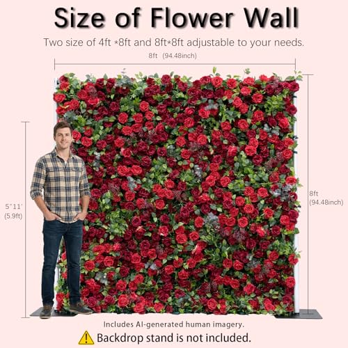 rosemorning 8x8FT Red Artificial Flower Wall Backdrop,5D Silk Flower Wall Panel for Wedding Party Birthday Baby Shower Photo Booth Decor Easy to Install Reusable - color: Rouge-red, size: 8Ft*8Ft