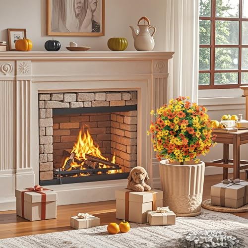 momoplant Artificial Boxwood Topiary Ball Tree with Mum Flowers 24” Tall Faux Plant with Ground Spikes Set of 2 Fake Flower Bushs for Farmhouse Porch Home Garden Decor - size: 2Pcs with Spike（Yellow&Orange）