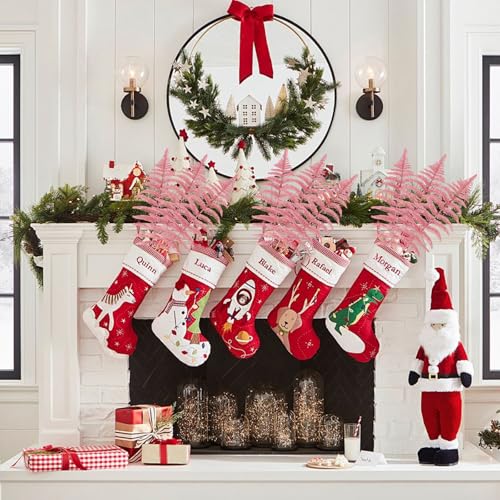 MWOOT 16 PCS Christmas Artificial Fern Bush Leaf, Pink Glitter Faux Plants Leaves for Centerpieces, Fake Christmas Tree Picks for DIY Garland Wreath Wedding Bouquet Table Home Garden Décor