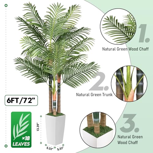 6ft Artificial Palm Tree Indoor Plant，Triple Faux Tropical Areca Floor Plant in Pot，Artificial Plants with Lifelike Leaves for Home Office Decor - color: White, size: 6ft