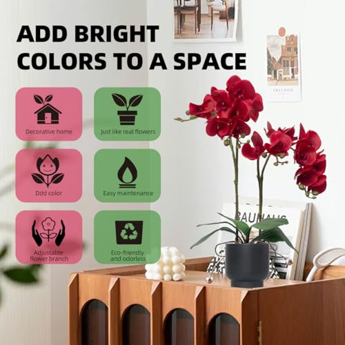CXGS Orchids Artificial Flowers Real Touch Fake Flowers in Ceramic Pot 20" Red Faux Orchid Plant Lifelike Silk Phalaenopsis for Centerpiece Hotel Home Indoor Decor - color: Red- Black Vase
