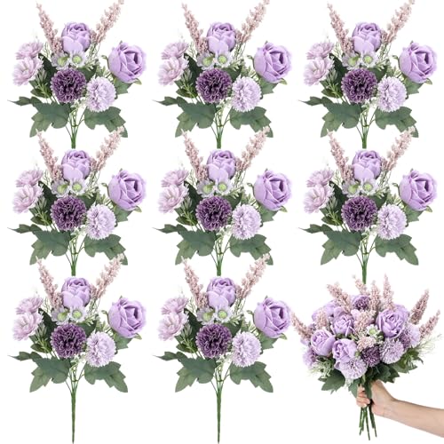 Zeyune 8 Pcs 13.4 Inch Artificial Flowers Bouquet Fake Silk Flowers Faux Bouquet Hydrangea Bouquets for Wedding Birthday Table Centerpieces Home Office Decoration (Rose,Purple) - color: Purple, size: Rose