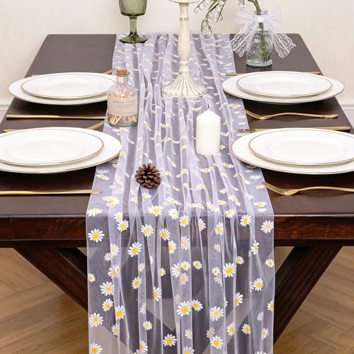 10FT White Daisy Summer Tulle Table Runner 120 Inch Seasonal Flower Sheer Gauze Table Runner Dining Birthday Party Wedding Christmas Holiday Decor for Home Party Decorations - color: White Daisy, size: 10 ft × 1 pc