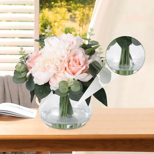 Lifelike Artificial Flower Arrangements with 4 Roses + 4 Peonies in Glass Vase with Faux Water for Wedding & Home Table Centerpieces - color: Peony & Rose With Faux Water, size: Pink