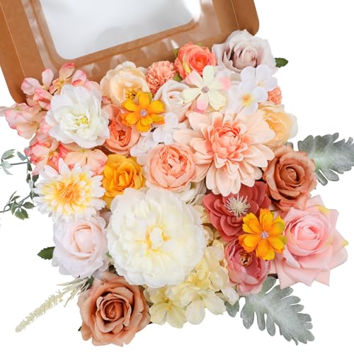 Garisey Artificial Flowers Combo, Mix Silk Flowers Roses, Peonies, Dahlias with Stems for DIY Wedding Bridal Bouquet, Baby Shower, Table Centerpieces, Home Decor, Floral Arrangements-Champagne Powder - color: Champagne Powder