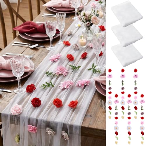6 Pcs 35.4 Inch Artificial Hot Pink Flower Garlands with 3 Pcs 10 Ft Wedding Tulle Table Runner Wildflower Vines Floral Table Runner Garlands for Wedding Bridal Shower Spring Tea Party - style: Blooming Flower