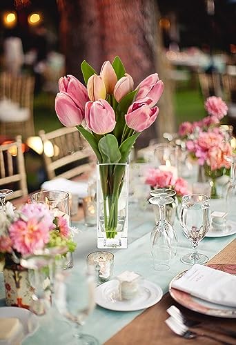Briful Fake Flowers Artificial Tulip Flower in Clear Vase, Greenish Pink Real Touch EVA Tulip Arrangement Suitable for Home Office Autumn Decoration, Dining Table Centerpiece - color: Greenish Pink