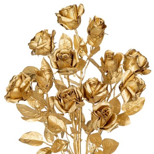 Hollyone 3Pcs Christmas Flowers Gold Artificial Rose Flowers 24inch Fake Roses Flower with Three Heads Floral Arrangements Bouquets Xmas Golden Faux Rose Stems for Centerpieces Christmas Home Decor - color: Gold - Roses（3 Head）