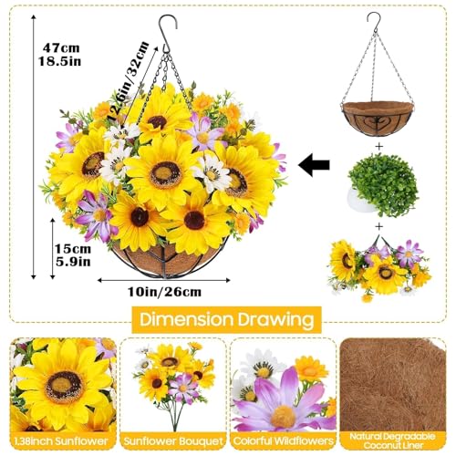 2 Set Sunflowers Artificial Flowers Fake Hanging Basket Flowers UV Resistant Fake Sunflowers Hanging Baskets for Outdoor Outside Patio Garden Porch Spring Summer Decor