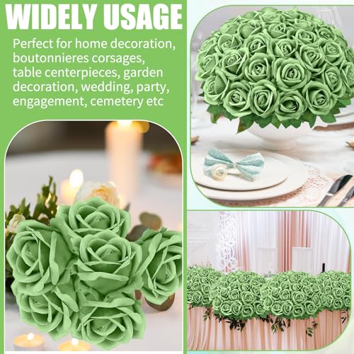 36 Pcs Velvet Texture Sage Green Artificial Flowers Bridal Bouquet, Fake Rose Long Stem Realistic Flowers Bulk for Valentine's Day Wedding Bouquet Ball Arrangement Centerpiece Party Home Deco - color: Sage Green