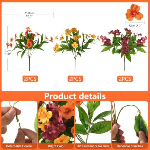 Hommyea Artificial Fake Flowers for Outdoor, 6 Bundles UV Resistant Faux Plants Decoration Silk Flowers No Fade Plastic Flowers for Outside Planters Home Porch Patio Yard Garden Decor(Purple) - color: Red,orange,reddish Brown