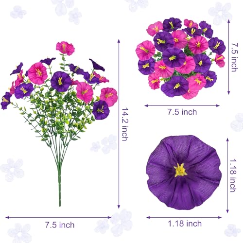 Artificial Flowers for Outdoors, 16 Bundles Mix Color Silk Fake Flowers Morning Glory UV Resistant Eucalyptus Plants Faux Petunias Plants for Porch Garden Planters Window Box Outside Indoor Decor - color: Purple Fuchsia