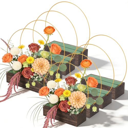 24Pack Floral Hoop Centerpiece Kit, 8Pcs 12'' Metal Floral Hoop Centerpiece with Stand+ 8Pcs Wood Cube Planter Box + 8Pcs Floral Foam Blocks for DIY Wedding Christmas Party Home Garden Decor - size: 12'' Single Hoop-Large-24pack