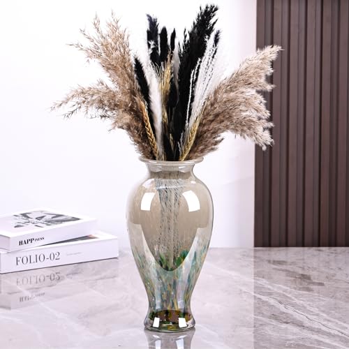 11.8" Tall Blown Green Glass Vase, Colorful Opaque Glass Vase, Unique Design Wide Mouth Art Decoration for Home, Living Room, Dining Table, Pampas Grass Decor (Green) - color: Green