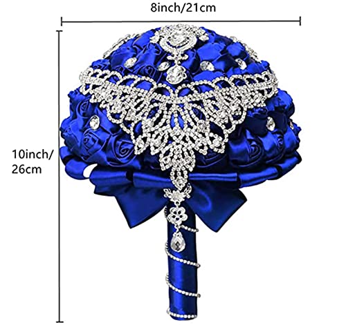 Handmade Luxury Wedding Bridal Bouquet Large Silk Rose Holding Toss Artificial Flowers Bouquets with Satin Ribbon Pearls Rhinestone for Bride Vintage Royal Wedding Bouquet (Sapphire Blue) - color: Sapphire Blue