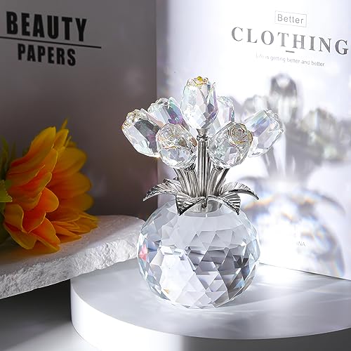 Clear Rose Flower Crystal Figurine with Vase, Bouquet Flowers Ornament Gifts for Wife Girlfriend Women, Handmade Crystal Flower Collectible Home Table Decor for Valentines Day Wedding Anniversary - color: Clear-crystal Rose