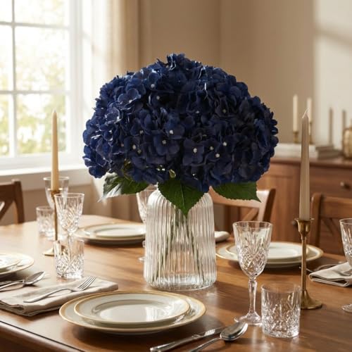 2Bouquets Artificial Fake Flowers Silk Hydrangea Arrangements Wedding Bouquets Decorations Plastic Floral Home Kitchen Garden Party Festival Bar DIY (Navy Blue) - color: Navy Blue