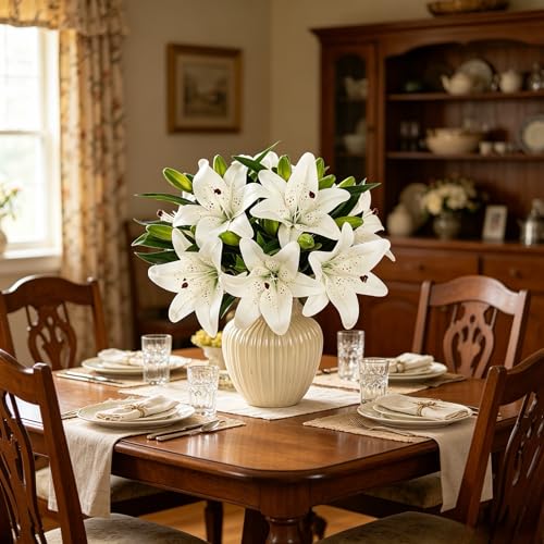 Kimura's Cabin 6Pcs Tiger Lily Artificial Flowers Real Touch Fake Lilies with Stems Faux Lilies Bouquet for Wedding Floral Arrangements Easter Home Table Centerpiece Office Decor(White) - color: White